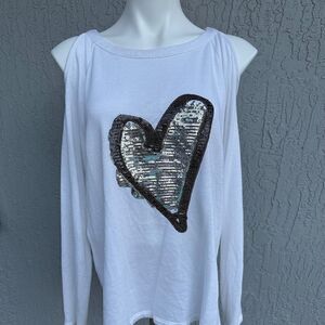 INC International Concepts Cols Shoulder  LS Sequin embellished Top White L EUC
